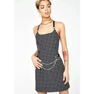 The Ragged Priest Idle Dress With Chain Belt, Size XS Black White Check Goth 90s